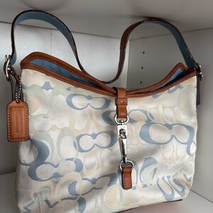 Coach Signature Optic Rare Shoulder Bag - Cream blue, Brown Vintage Y2K